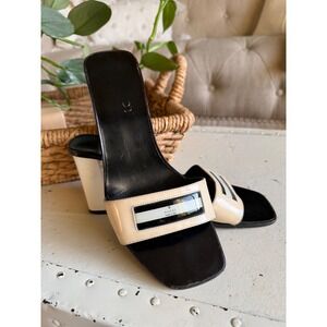 GUCCI Vintage Slide Sandals Beige Black White Block Heel Women's 6.5 FLAWED